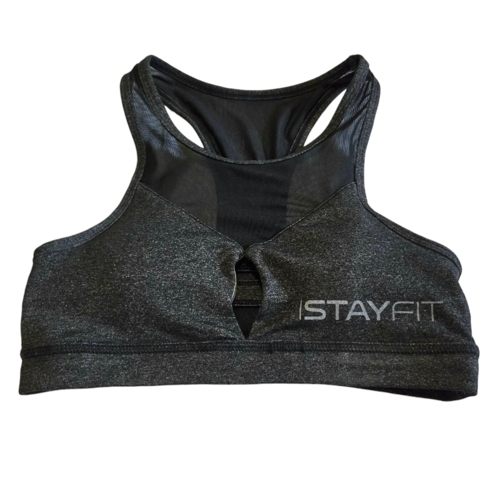 Stayfit Mesh Insert Keyhole Cutout Strappy Back Sports Bra Charcoal Gray M